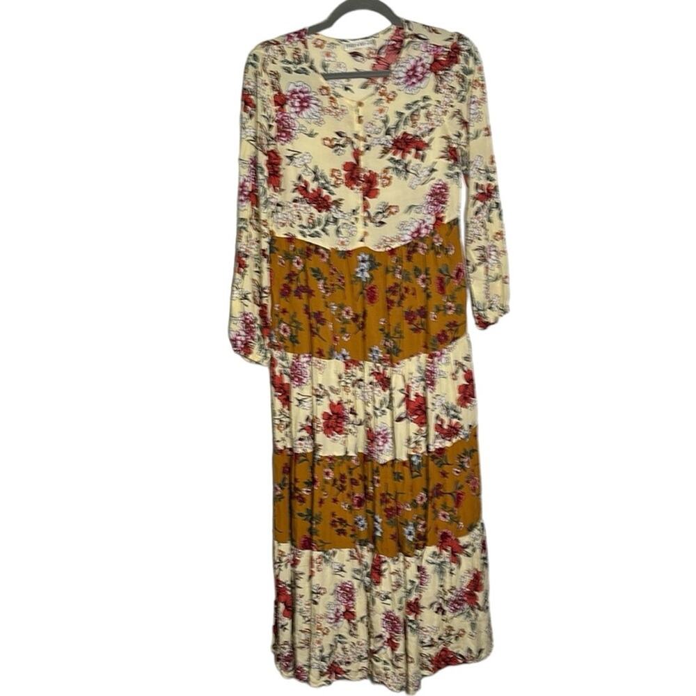 Brass and Roe Tan and Brown Floral Maxi Dress Tiered Ruffles Small